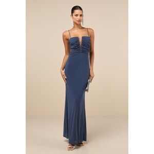 Lulus Undeniable Elegance Dark Slate Blue Mesh Ruched Maxi Dress - Size L
